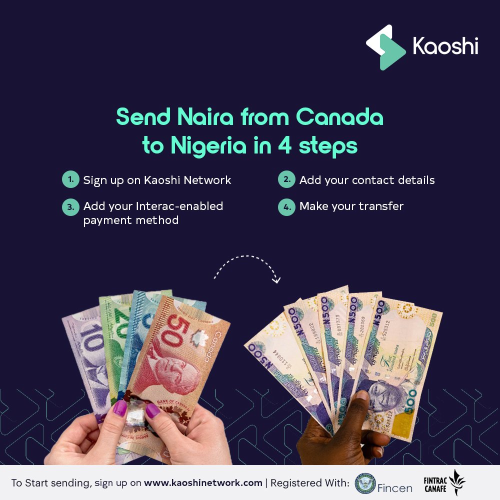 KaoshiNetwork's tweet photo. Hello, Canada! 🇨🇦

Send money from Canada directly to a naira account with Kaoshi Network.
Easy, fast and reliable!

Get started on
https://t.co/kjlkJnaNQV https://t.co/22IkrBPS8G