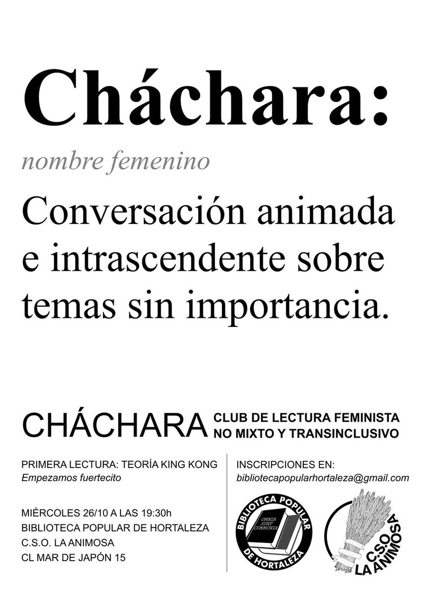 BiblPopularHtz's tweet photo. Este curso inauguramos "Cháchara", nuestro club de lectura feminista no mixto y transinclusivo.

La primera lectura será Teoría King Kong de Virginie Despentes (empezamos fuertecito) y nos juntaremos para comentarlo y debatir el miércoles 26 de octubre a las 19:30h. ¡Contáctanos! https://t.co/skDWYcX4jo