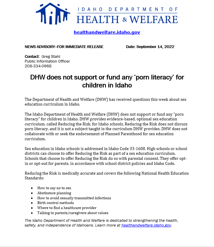 IDHW's tweet image. For Immediate Release: DHW does not support or fund any 'porn literacy' for children in Idaho: healthandwelfare.idaho.gov/news/dhw-does-…