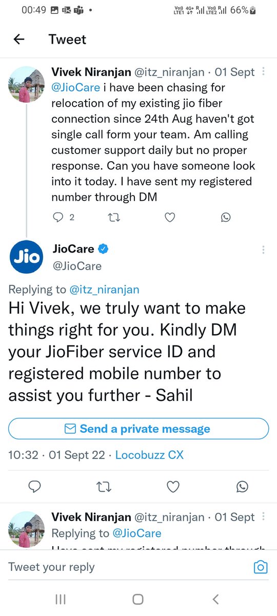 itz_niranjan's tweet photo. @JioCare @reliancejio @JioChat Never expected such a worst service from jio.Raised for relocation on 24Aug which is not done still but today without my consent it is cancelled.Your area manager requested for details after chasing for 10days but no response after that👌
DISGUSTING https://t.co/vTVxKvWH4b