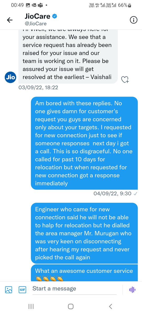 itz_niranjan's tweet photo. @JioCare @reliancejio @JioChat Never expected such a worst service from jio.Raised for relocation on 24Aug which is not done still but today without my consent it is cancelled.Your area manager requested for details after chasing for 10days but no response after that👌
DISGUSTING https://t.co/vTVxKvWH4b