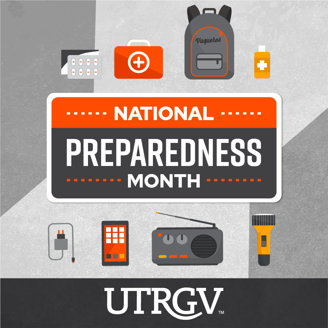 utrgv's tweet photo. Build an emergency supply kit this #NationalPreparednessMonth! 

Consider the unique needs of your family. Include supplies that might be needed by pets, older adults, and those with disabilities in the event of an emergency. 

#UTRGV #StaySafe https://t.co/ZXDQyAK74C