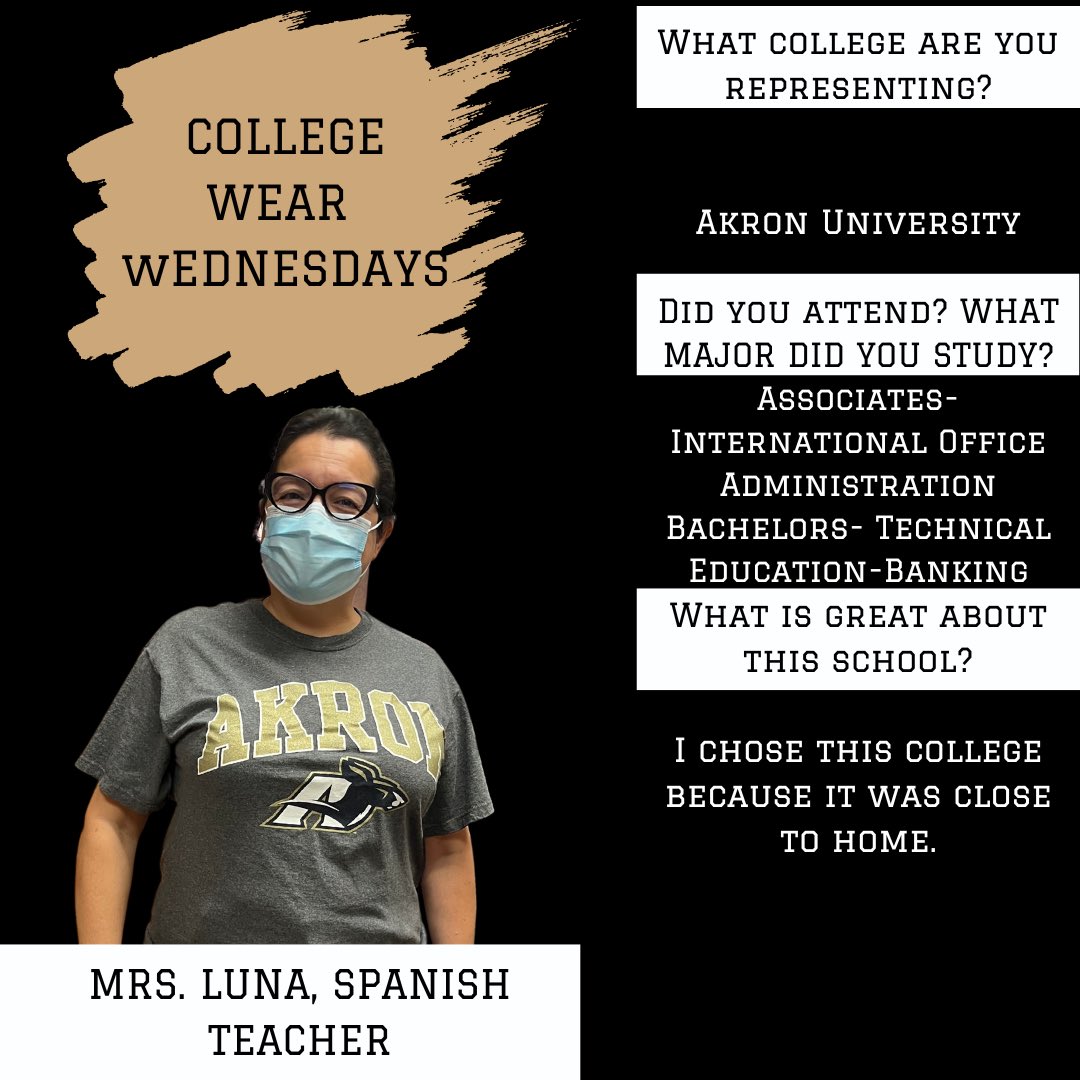 REVCareerCenter's tweet photo. On Wednesdays we wear college shirts! Mrs. Luna is representing Akron U! @REVHSwildcats @RedlandsUSD https://t.co/DVfNZdKNk7