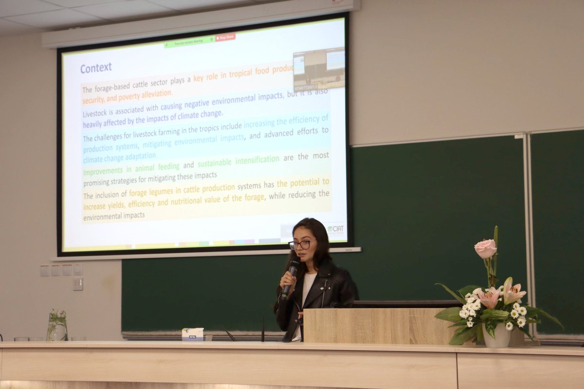 BiovIntCIAT_eng's tweet photo. 🔴#LIVE Karen Enciso presents the economic evaluation of the profitability of including the legume Leucaena diversifolia in a Colombian cattle production system, in comparison with a grass monoculture. #TropenTag2022 Sustainable and resilient animal production systems session. https://t.co/2qwoN3X3j8