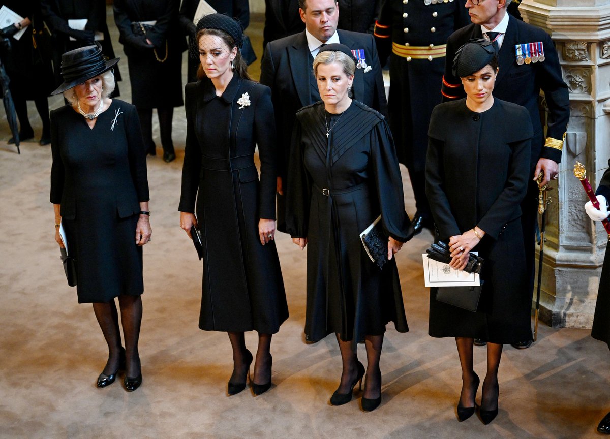 Camilla Queen Consort, Catherine Princess of Wales, Sophie Countess of Wessex and Meghan Duchess of Sussex as The coffin of Queen Elizabeth II is brought into Westminster Hall.#royals #QueenElizabeth #QueenElizabethII