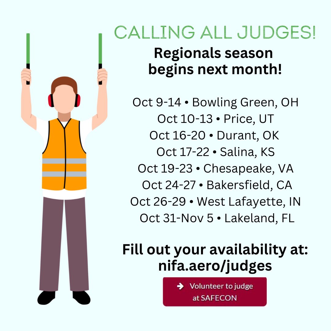 If you are able to help judge, please fill out the form on nifa.aero/judges to submit your availability and contact information.  If you are new to judging, training will be provided and we are always happy to welcome additional volunteers!    See you this fall!   #nifa
