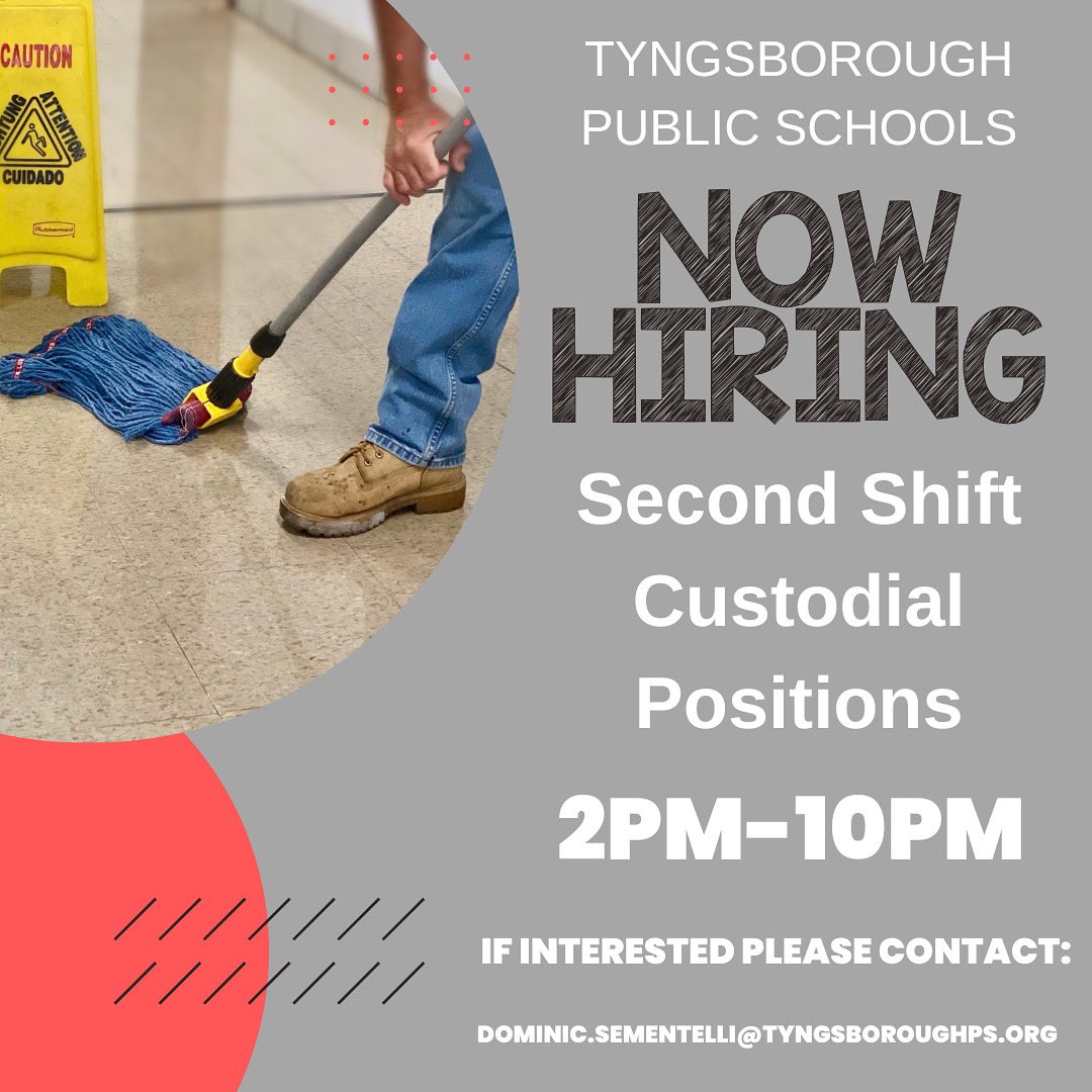 ‼️Tyngsborough Public Schools is hiring! ‼️TPS is looking for second shift custodians, hours will be 2PM-10PM. If interested please contact dominic.sementelli@tyngsboroughps.org #tpsprepares #nowhiring #custodialstaff