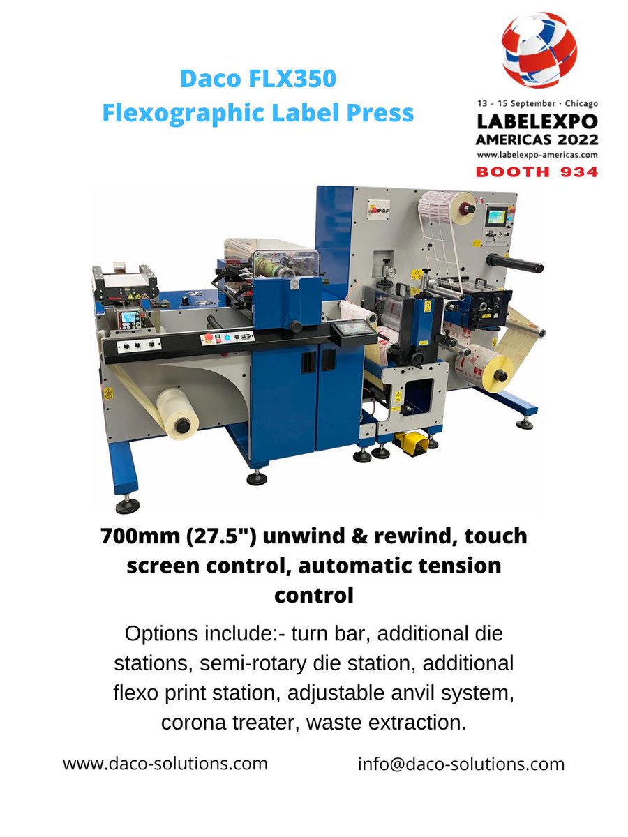 DacoSolutions's tweet image. Daco FLX350 - 1 or 2 Color flexographic label press.

#flexo #labelexpo #labelprinting #labels