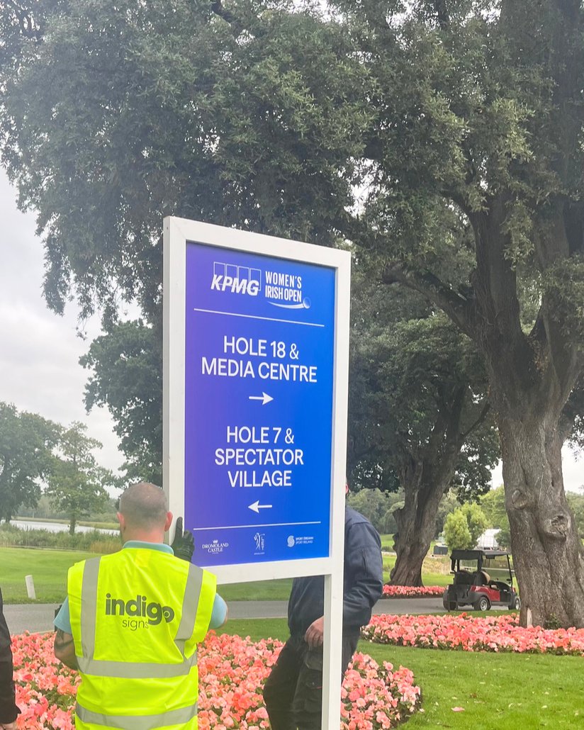 IndigoVisual's tweet image. Hard at work today installing the signs we designed for the #WomensIrishOpen at @dromolandcastle.