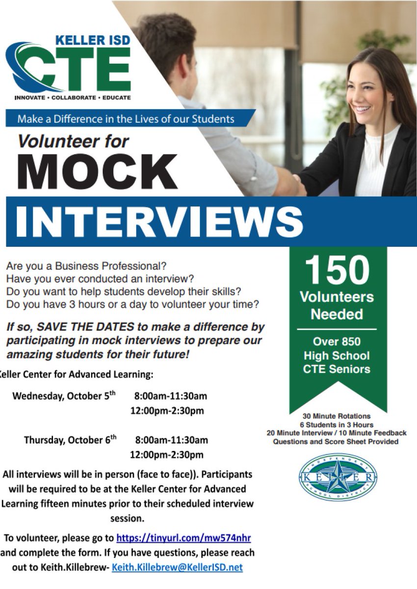 KCAL_KISD's tweet photo. We need your help in interviewing over 1200 @kellerisd_cte students on October 5 and October 6, 2022, at KCAL. Please sign up using this link: https://t.co/o8ofp96DxZ

#kcal #kellercenterforadvancedlearning #kisd #kellerisd #celebratekisd #CTEinKISD #theKCALconnection https://t.co/BgkFTccOmT