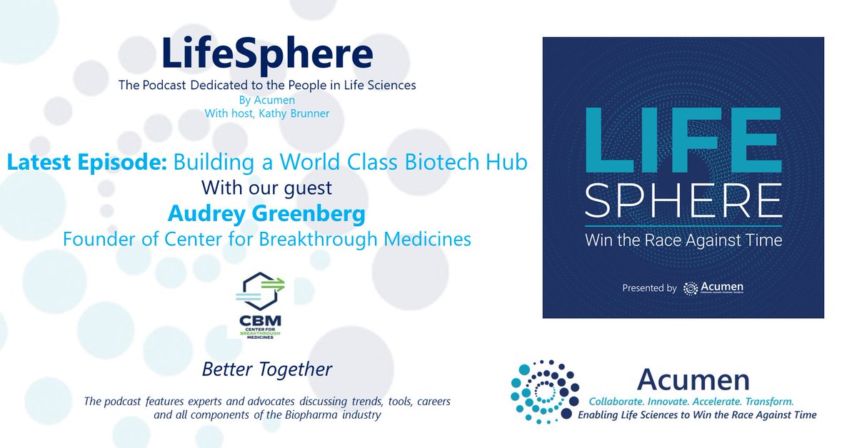 LifeSpherePod's tweet photo. ICYMI: Latest #LifeSpherePod episode w/ @AudreyGreenber7 of @CBM_CDMO was filled w/ useful information. Be on the inside when industry experts share their experience &amp; vision for the future of #LifeSciences. Listen now: https://t.co/3tG3H5pOWx

#Acumen #Collaborate #Innovate #Bio https://t.co/wLw2E5c3Sj
