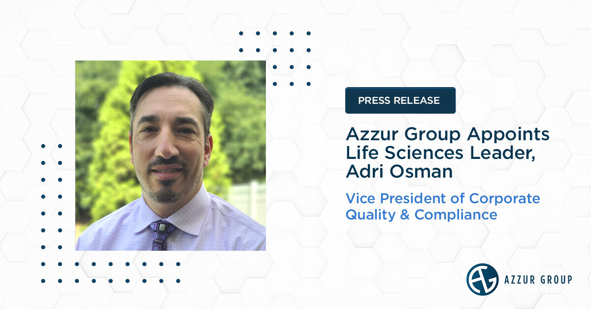 We are excited to welcome Adri Osman to Azzur Group as he enters into the role of Vice President of Corporate Quality & Compliance! 👏

Read more about Adri and how he'll help Azzur to continue to be rooted in quality: azzur.co/3LdDCiI

#LifeScience #QualityCompliance