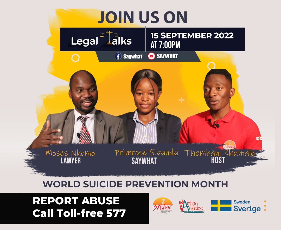 SAYWHATOrg's tweet photo. September is suicide prevention month. Join us tomorrow for our #LegalTalkShow at 1900hrs on our Facebook Page as we discuss about suicide and finding best ways in which young people can help prevent the rise in suicide cases among themselves particularly young men. 
#SAYWHAT https://t.co/GAqwakx3lZ