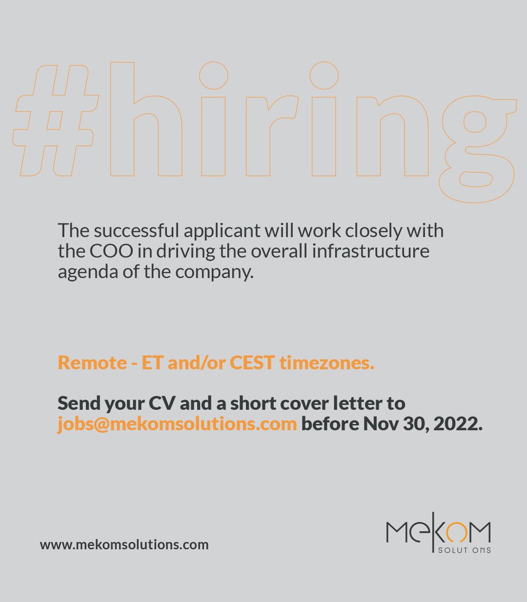 mekomsolutions's tweet photo. Join #MekomSolutions - We're looking for an Infrastructure &amp; DevSecOps Lead! - Send your CV and a short cover letter to jobs@mekomsolutions.com before Nov 30, 2022 - Apply now! - Full Job posting here: https://t.co/RejUmYWLzq

#Hiring #HIRINGNOW #DigitalHealth #OpenSource https://t.co/Eut5WReSaX