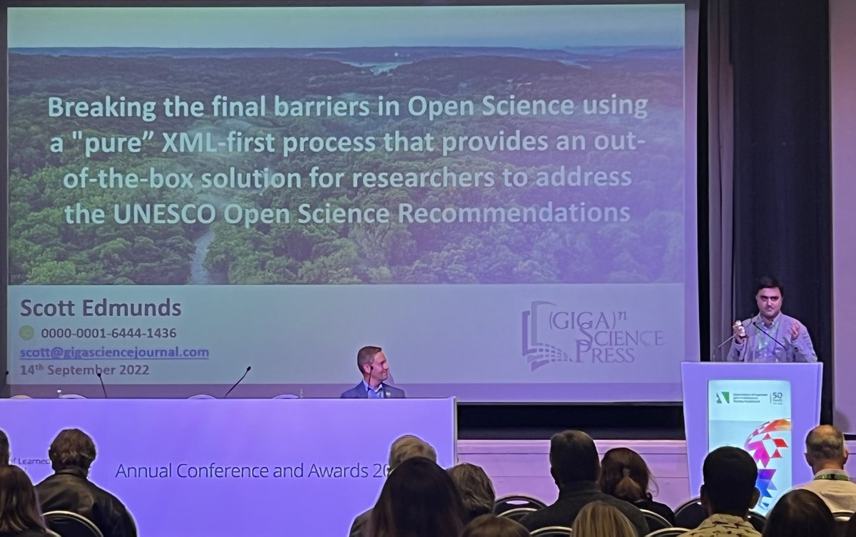 EiC of @gigascience and @gigabytejournal <a href="/SCEdmunds/">Scott Edmunds</a> speaking at #ALPSP2022 conference  about the work being done at GigaScience Press to incorporate the UNESCO recommendations for #OpenScience. GigaByte is finalist for this work for the ALPSP Awards for Innovation in Publishing