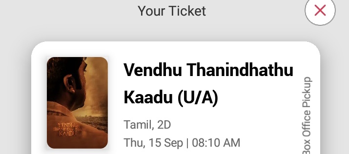 petergowtham15's tweet photo. Finally booked #VTK  😊👍🕺
தலைவனின் தரிசனம் 8:10 😍

வெந்து தணிந்தது காடு
STR க்கு வணக்கத்த போடு 💥 🙏
#VendhuThanindhadhuKaadu 
@SilambarasanTR_ https://t.co/nDkQjGSyKp