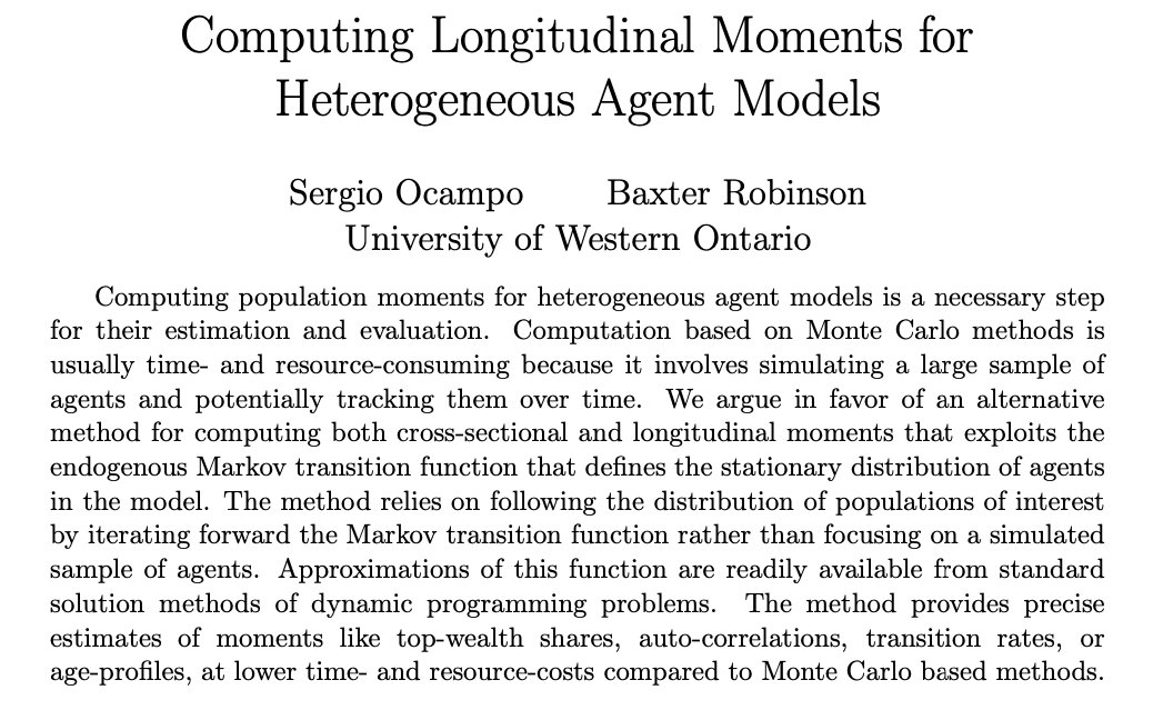🚨New Paper🚨 Computing Longitudinal Moments for Het. Agent Models w/@Baxter_VHR 🔗ir.lib.uwo.ca/economicsresrp… 🔹Computing moments with large MonteCarlo simulations is costly 🔹Alternative: Use model's distribution and its evolution 🔹Follow population instead of individuals 🧵👇