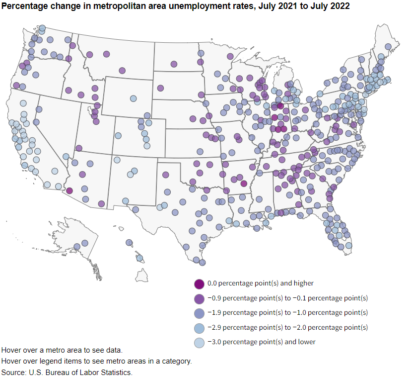 BLS_gov's tweet photo. Unemployment rates down in 383 of the 389 metropolitan areas from July 2021 to July 2022 https://t.co/0SowASFPTk #BLSdata https://t.co/rjYklpcYlO