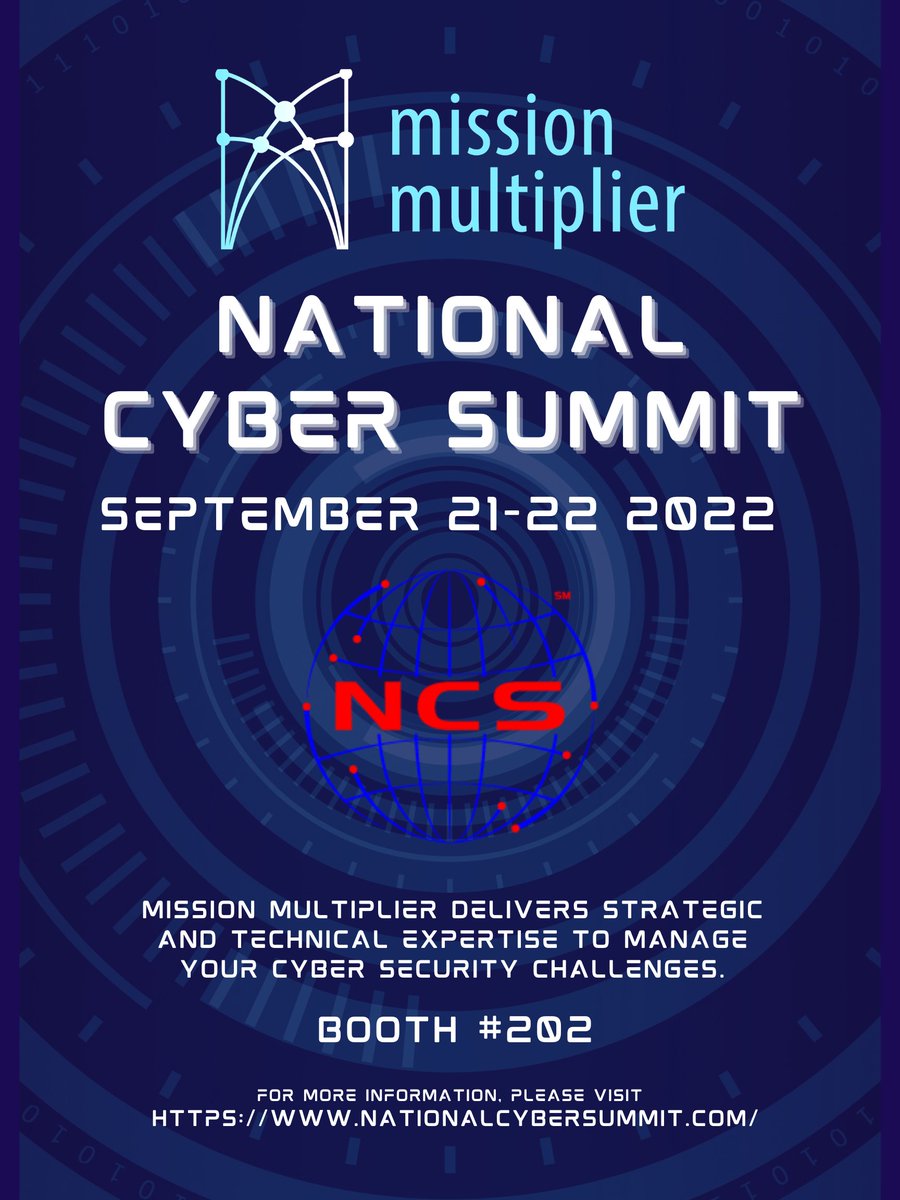 MissionMultiply's tweet photo. National Cyber Summit is coming up in a little over a week. Mission Multiplier is looking forward to seeing you at this event. Make sure to stop by our booth, 202, and connect with us! #cyber #cyberjobs https://t.co/KnE8OgbNyp