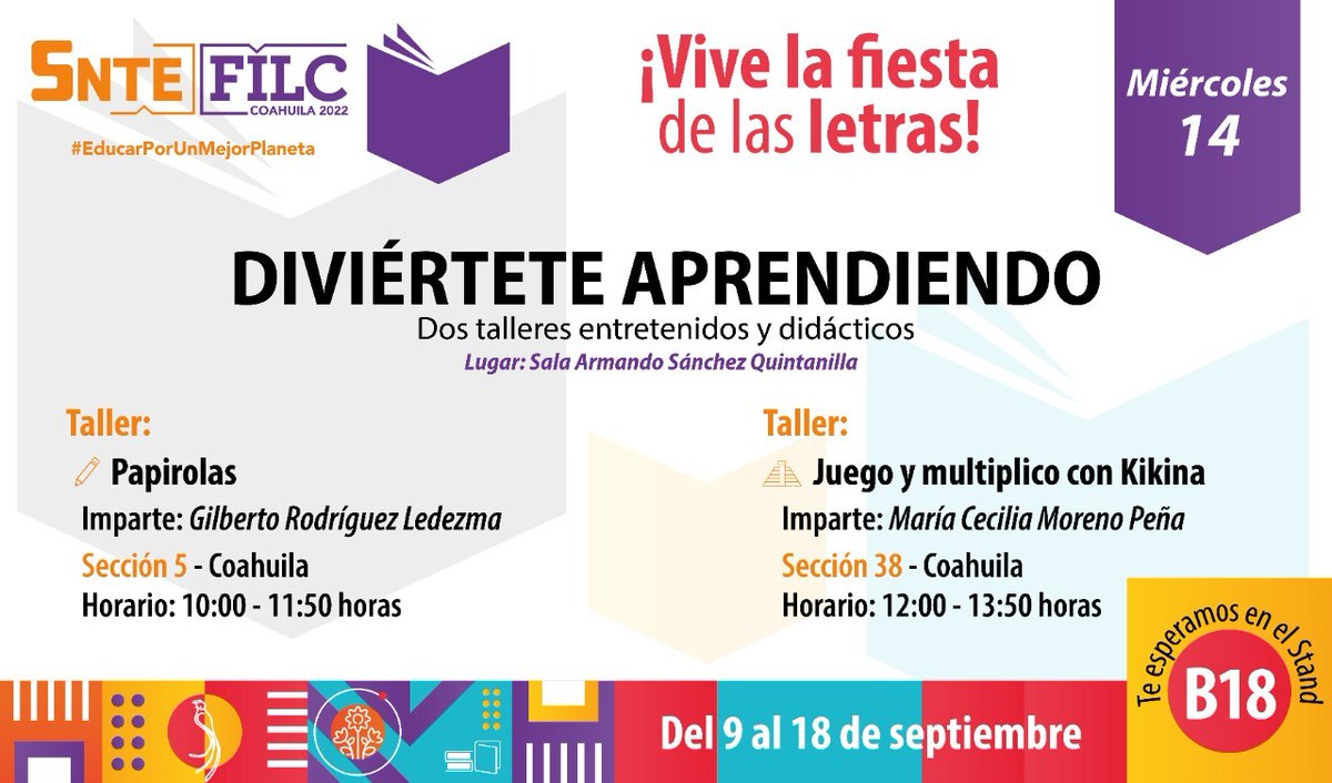 📝 AGENDA #SnteFIL 📝
👉 #14DeSeptiembre 🇲🇽

🔴  T⃣   A⃣   L⃣   L⃣   E⃣   R⃣   E⃣   S⃣  🔴 Heeeey niños 👦👧 y no tan niños 🧑🧓 si la quieren pasar en grande en la #FILCoahuila2022 📔 vengan al stand #SNTE 📚 donde su imaginación será el límite y su creatividad de 💯