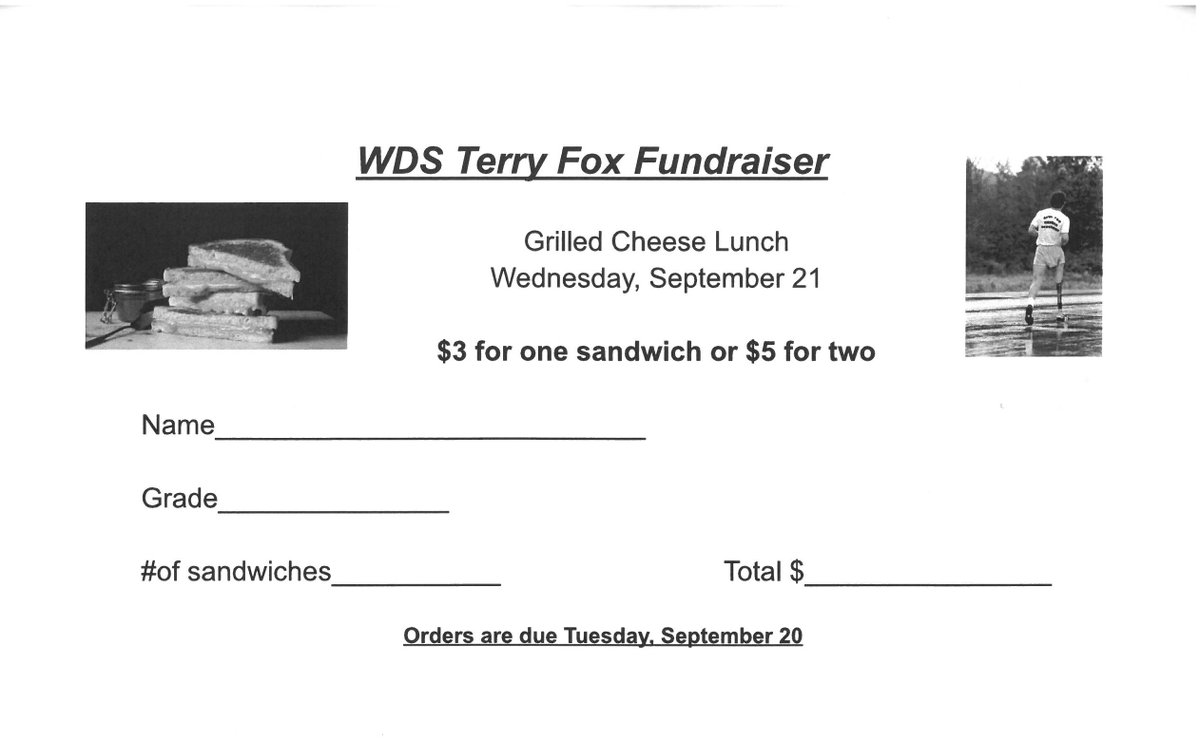 Terry Fox Fundraiser - Grilled Cheese Sandwich - Wednesday, September 21