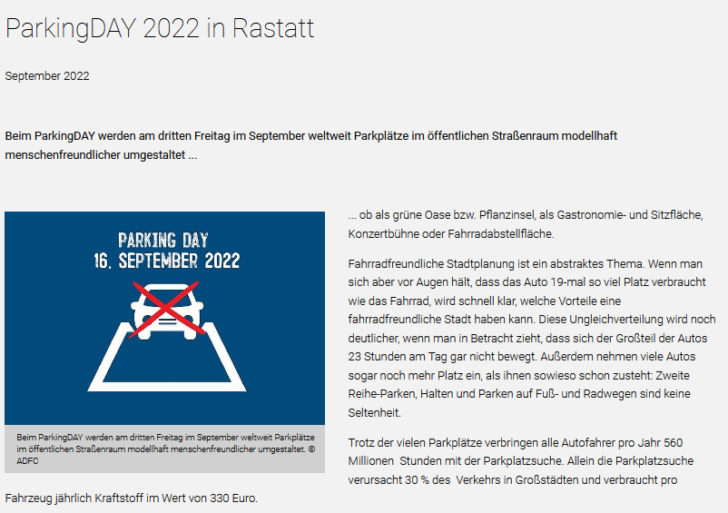 Rastatt- ParkingDAY
obere Kaiserstraße Parkplätze werden von 14-18Uhr umgewidmet in gemütliche Aufenthaltsflächen für Menschen
mit KinderFahrradparcour vom ADFC 
Infos: baden-baden.adfc.de/neuigkeit/park…
Macht mit!!!😍🤸⛹️‍♀️🤸‍♀️👍