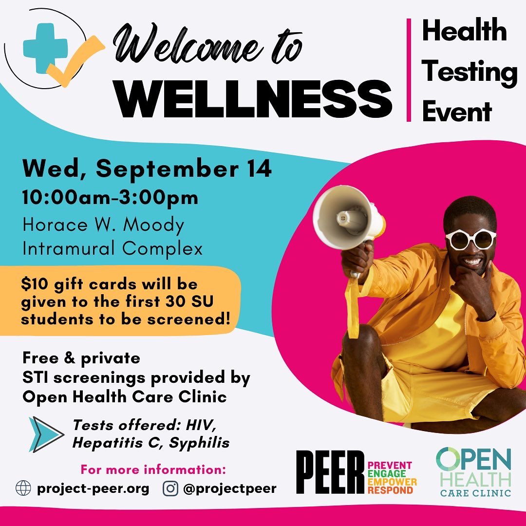 Join <a href="/PeerProject/">Project PEER (Prevent, Engage, Empower, Respond)</a> &amp; Open Health today and enhance your sexual wellness with FREE, private STI screenings! We’ll be at the @su_intramural complex from 10-3. The first 30 SU students to complete screening will receive $10 gift cards! <a href="/SouthernU_BR/">Southern University</a> #wearesouthern #southernuniversity