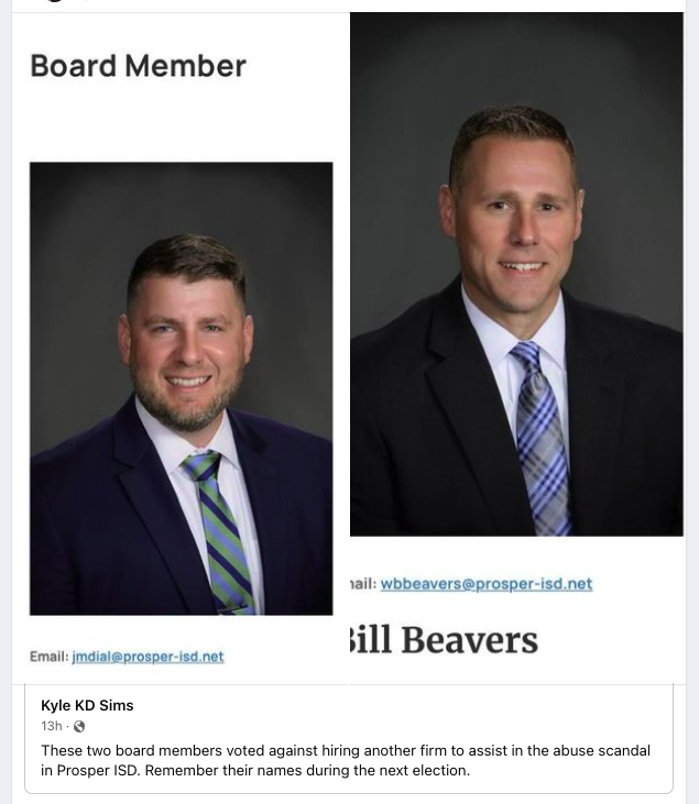 thehouseladytx's tweet photo. 2 @ProsperISD BOT members were just exposed nationally for running cover for the superintendent embroiled in a sexual abuse coverup. Luckily the other 5 stood for the children and families of Prosper. Remember their names Jorden Dial &amp; Bill Beavers. #fireHolly #justiceforJanies https://t.co/zwAuMJPKu9