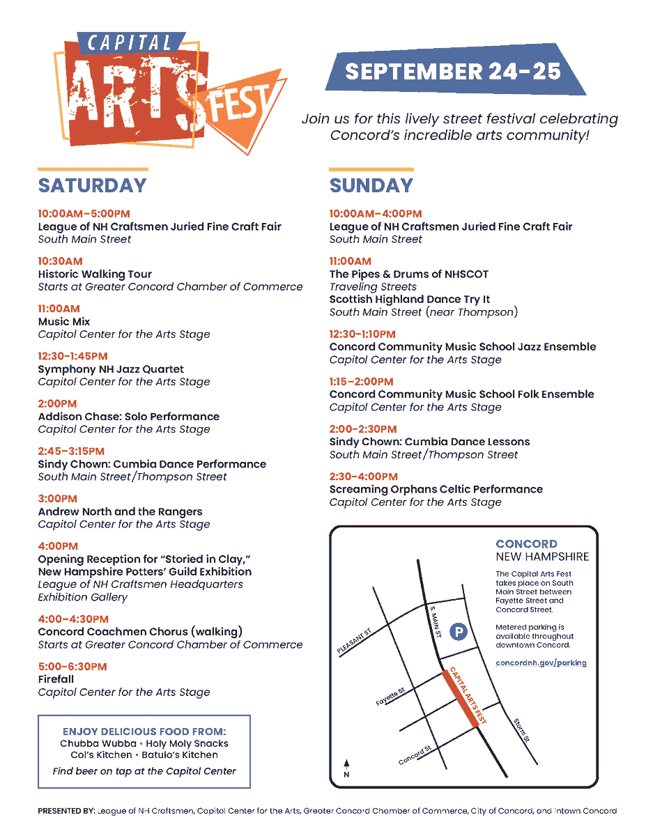 We are thrilled to share the schedule for #CapitalArtsFest, happening September 24-25 in downtown #ConcordNH!
Download the schedule with interactive links to plan your weekend!  ⬇⬇⬇
visitconcord-nh.com/capital-arts-f…