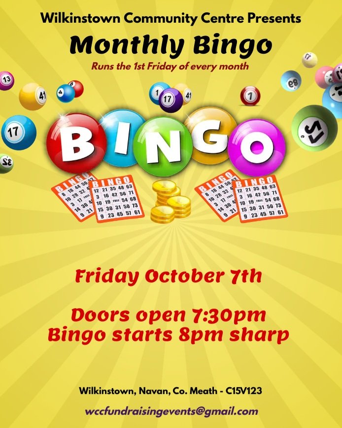 Two little ducks 🦆🦆 22

Bingo comes to Wilkinstown Community Centre. Starts Friday 7th of October and runs the 1st Friday of the month thereafter.

Save the date 🎉
#Bingo #wcc #meath #Wilkinstown #Community