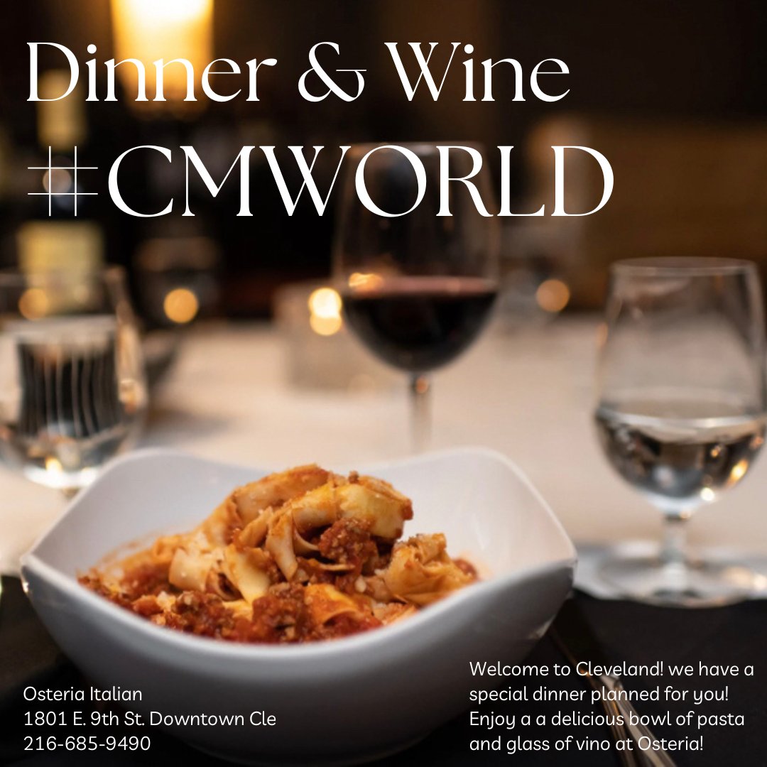 #CMWorld welcome to Cleveland! Thank you all for the work you do 🥰 Stop by Osteria Italian downtown Cleveland today 4:30- 7:30 for a special dinner of delicious pasta designed for you! 
osteriacle.com Happy Learning!