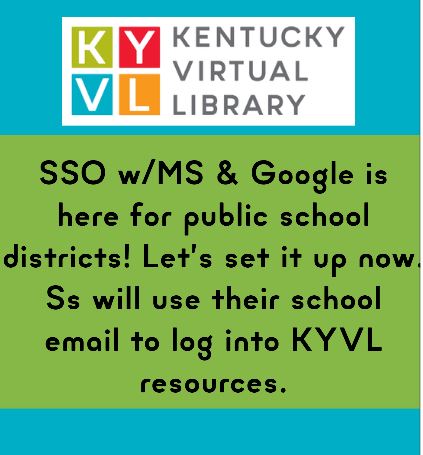 myKYVL's tweet photo. Single sign on, it's what's happening! We have over 70 districts set up and almost 400,000 students can access KYVL resources with their school email and pw. Get in touch at KYVL@ky.gov if you have questions. @kygodigital @KASL_Librarians #kylchat https://t.co/kO3MdJ30Cn