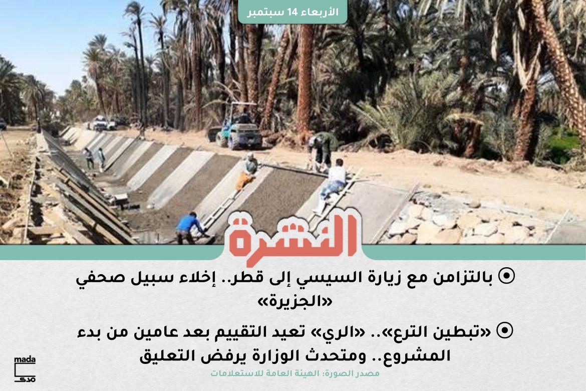 MadaMasr's tweet photo. بالتزامن مع زيارة السيسي إلى قطر.. إخلاء سبيل صحفي «الجزيرة» | «تبطين الترع».. «الري» تعيد التقييم بعد عامين من بدء المشروع.. ومتحدث ال��زارة يرفض التعليق
https://t.co/Gcl46TyNMX
 في حال تجاوز الحجب: https://t.co/c5UX0Upb2e https://t.co/CLYQb9iQPD