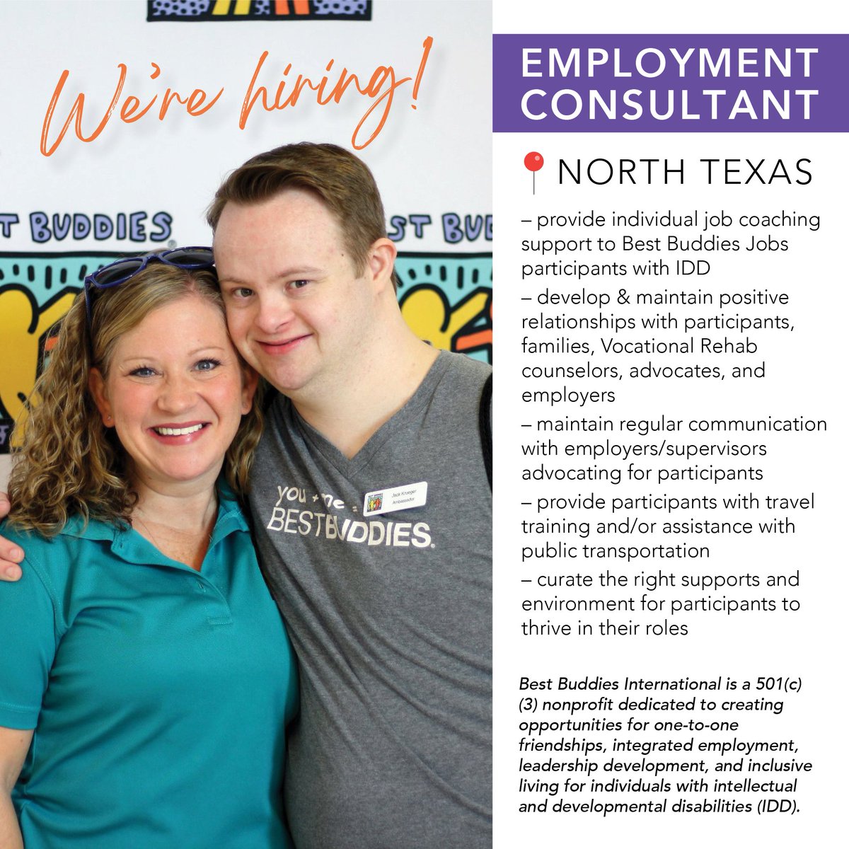 BestBuddiesTX's tweet photo. Join our dynamic team! 🌟 We are currently looking for an individual to join our team as an Employment Consultant. If you're passionate about building a more inclusive world, this might be the opportunity for you.

Learn more &amp; apply: https://t.co/t39wT6Kkqv. #BestBuddiesJobs https://t.co/wVlcyEfHG5