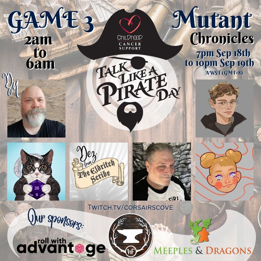 Game 3 of our charity stream for <a href="/ccsaus/">Childhood Cancer Support Australia</a> will see us to the surface of Mars for Mutant Chronicles!
Tony Karlstrom takes over the DM chair joined by Ardanna aka The Lorewright, Dez from <a href="/_EldritchScribe/">The Eldritch Scribe</a>, The Maharishi, <a href="/ZhdashaDotCom/">zhdasha</a> and WabbaJackWagon!