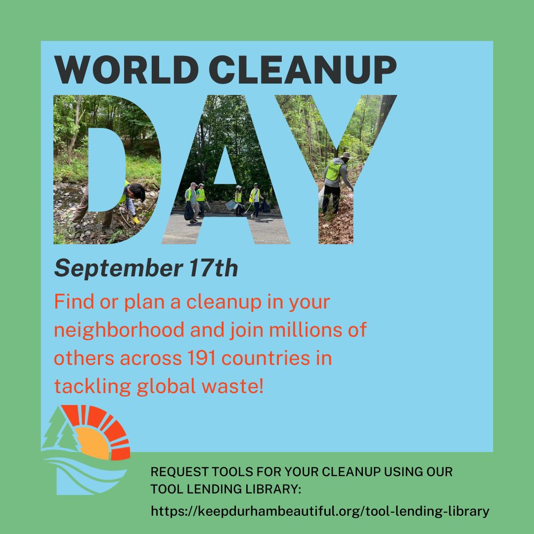 DurhamBeautiful's tweet photo. Celebrate #WorldCleanupDay this Saturday, 9/17 with a cleanup of your very own! Volunteers can use our #ToolLendingLibrary to borrow litter grabbers, gloves, safety vests, and trash bags to plan their own neighborhood, park, trail, or roadside cleanup. ๐ https://t.co/22SstD7nva https://t.co/EZ2Eynlq2N