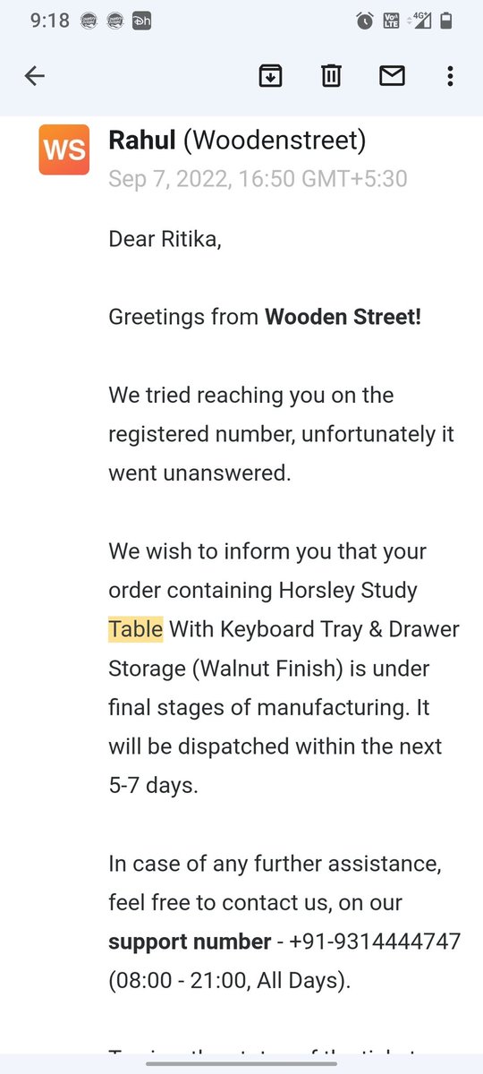ritikagarg13's tweet photo. @Wooden_street has it been dispatched?? No one called me! https://t.co/954YOSnZni