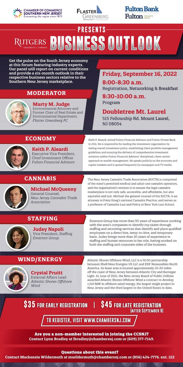 See what's going on in the South Jersey marketplace by attending the Rutgers Business Outlook event with the @CCSNJ, this Friday September 16th, from 8:00am to 10:00am. Can't wait to see you there!📈✔ Follow this link to register; ow.ly/UMXL50KFIYG 📲🎉