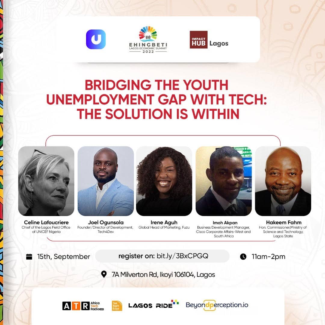 UNICEF Nigeria (@unicef_nigeria) on Twitter photo Join the conversation tomorrow, as UNICEF's Chief of Lagos Field Office, <a href="/CLafoucriere/">Celine lafoucriere</a>, and tech stakeholders discuss "Bridging the Youth Unemployment Gap With Tech".
🗓: Sept 15, 2022
⏰:11:00 AM
📍: Register in advance👇:bit.ly/3BxCPGQ Join the conversation tomorrow, as UNICEF's Chief of Lagos Field Office, <a href="/CLafoucriere/">Celine lafoucriere</a>, and tech stakeholders discuss "Bridging the Youth Unemployment Gap With Tech".
🗓: Sept 15, 2022
⏰:11:00 AM
📍: Register in advance👇:bit.ly/3BxCPGQ