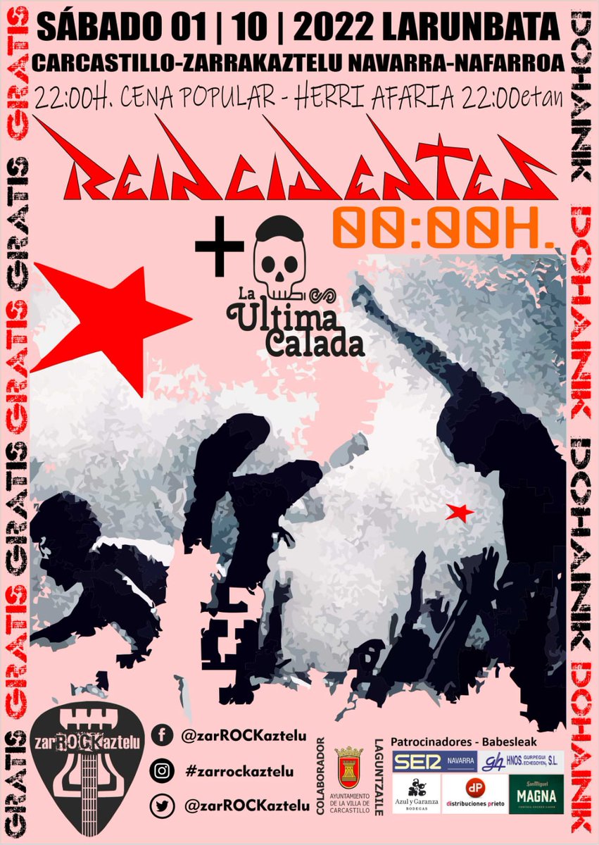 zarROCKaztelu's tweet photo. FAMILIAAAAA!!!!!
Estamos de vuelta y con un concierto🔝🔝🔝
El próximo sábado día 1 de octubre los @reincidentesofi escupiran todo su punk and roll en nuestro zarROCKaztelu!!!!!
NO TE LO PUEDES PERDER!!!!!

SALUD Y ROCK AND ROLL 🥁🎸🎤⚡️🤘🏻
OSASUNA ETA ROCK &amp; ROLA 🏴‍☠️🤘🏻 https://t.co/409nNSkZZu