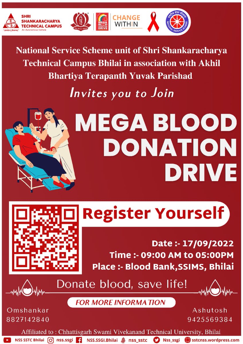 Nss_ssgi's tweet photo. Jai Hind 🇮🇳
@Nss_ssgi in association with #AkhilBhartiyaTerapanthYuvakParishad invites you to join #MegaBloodDonationDrive at #SSIMS, Bhilai.
📅:- 17/09/2022
🕰️:- 09:00 AM to 05:00 PM
📍:- Blood Bank SSIMS, Bhilai
Registration link for #BloodDonation:
https://t.co/F34f04yZmr https://t.co/LiaUoSRSTG