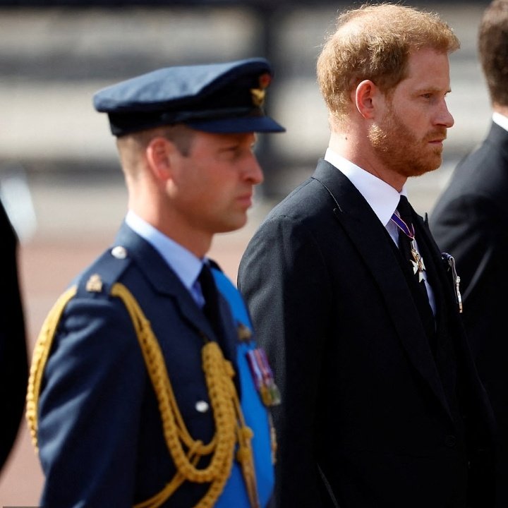 PHarry_Meghan's tweet photo. The Prince of Wales walking side-by-side with his brother The Duke of Sussex, behind their grand mother's coffin from Buckingham Palace to Westminster Hall. God bless Her Majesty. https://t.co/vByKuEL1yO