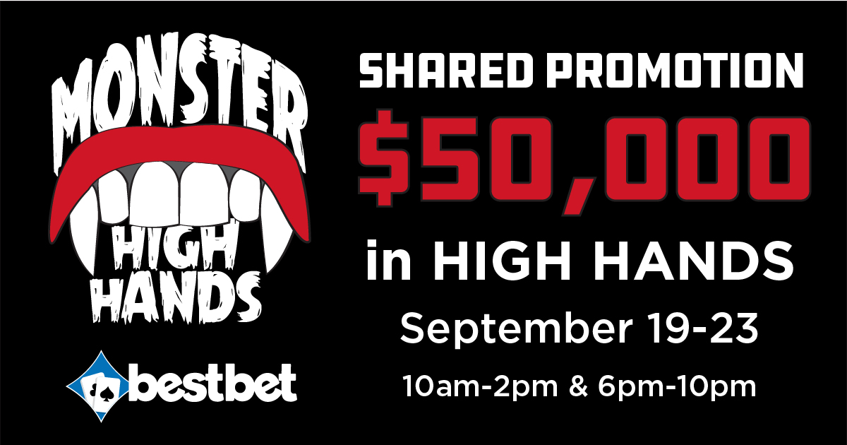 bestbet_jax's tweet photo. Next week starts our $50,000 in Monster High Hands! From September 19 – 23 we will be paying out $5,000 to the highest hand between bestbet St. Augustine, Jacksonville and Orange Park from 10am – 2pm &amp; 6pm – 10pm. https://t.co/s91EnJesmm