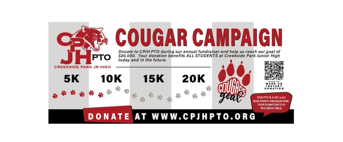 CPJH_PTO's tweet photo. We’re at $7,200!!! Let’s keep going! Thank you for all the donations for far! They directly impact all the students!! #cougarcampaign https://t.co/81HKnrgEBJ