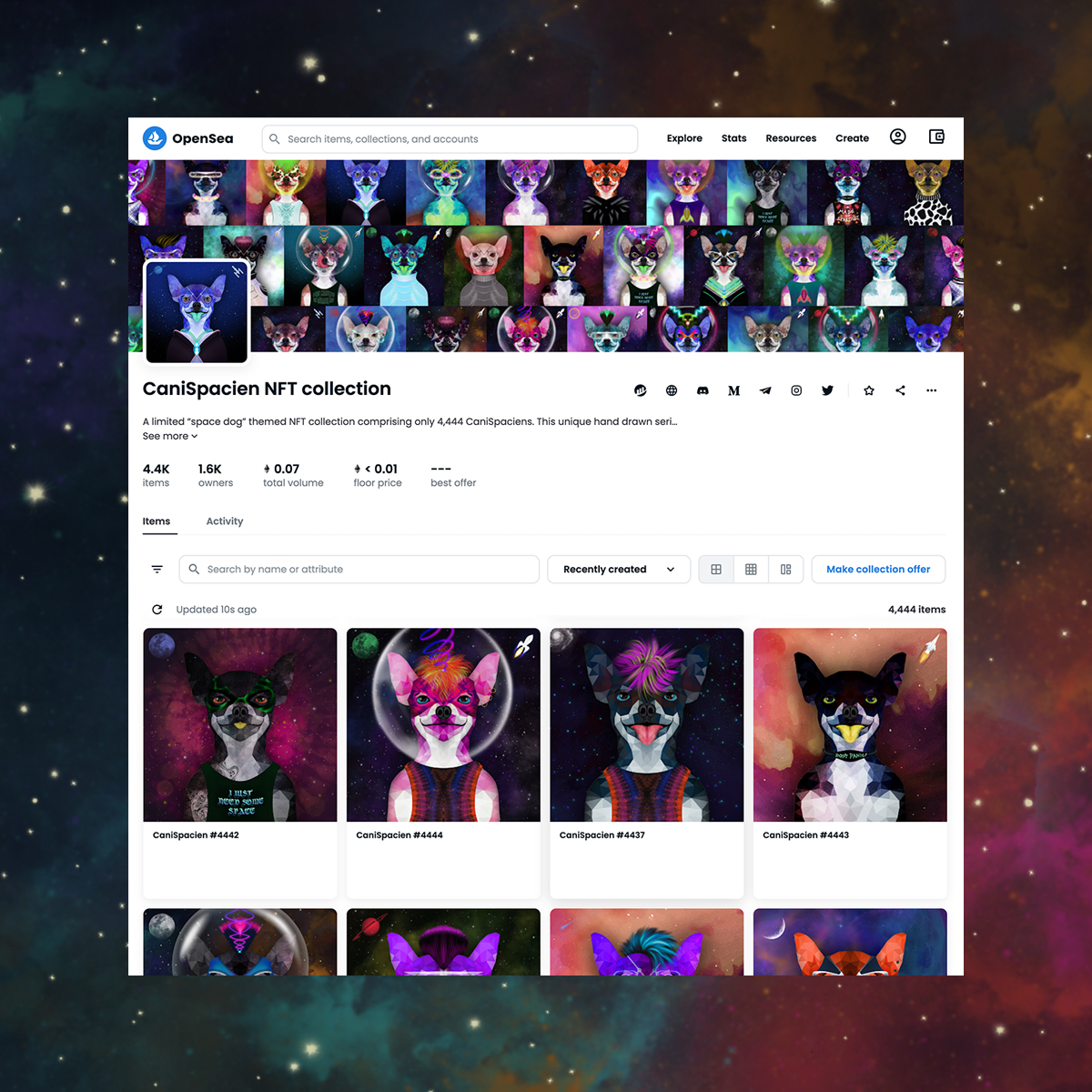 HSpacienNFT's tweet photo. CaniSpaciens are now live in the universe and you can view, trade and buy this awesome NFT collection directly on Opensea (link in our bio).
Enjoy CaniSpaciens in your NFT collections.
#canispacien #homospacien #opensea https://t.co/9CEv6u7xv9