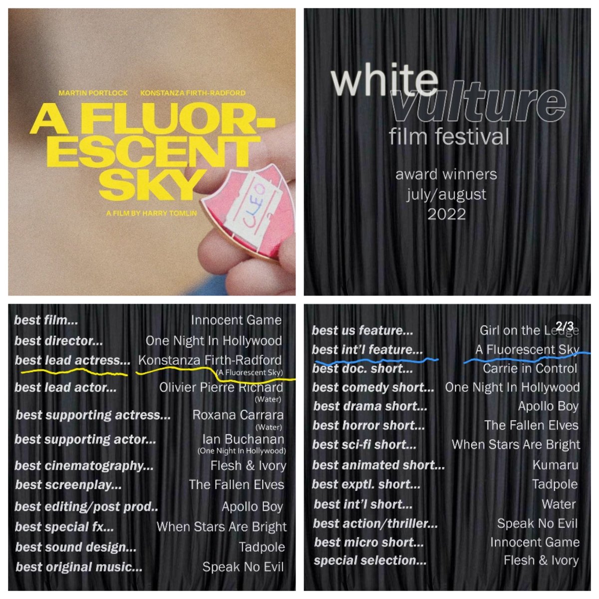 Huge congrats to @fluorescentskyfilm for bagging Best International #feature at the @whitevulturefilmfestival &amp; SUPER chuffed to have scooped up #BestLeadActress! Really proud of everyone! Well done! Big thanks to White Vulture 🙏 Lovely news to cheer us up this week!!
