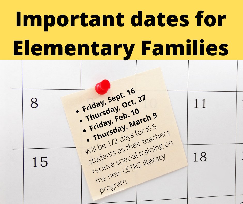 Friday is a 1/2 day for all elementary school students in K-5. This is the 1st of 4 1/2days for elementary school teachers to take part in LETRS literacy training. The others are Oct. 27, Feb. 10, March 9. PreK and 6th - 12 grades will operate on a normal, full day schedule.