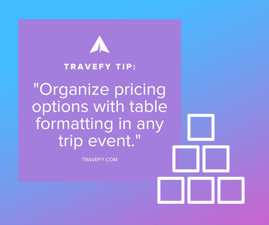 𝗧𝗿𝗮𝘃𝗲𝗳𝘆 𝗧𝗶𝗽: 𝗨𝘀𝗶𝗻𝗴 𝗧𝗮𝗯𝗹𝗲𝘀 𝘁𝗼 𝗢𝗿𝗴𝗮𝗻𝗶𝘇𝗲

Need to list information out in an organized manner? Use tables! Tables are built into the notes section of any event within an itinerary or proposal. 

Here's how: ow.ly/EREg50Kk7pi