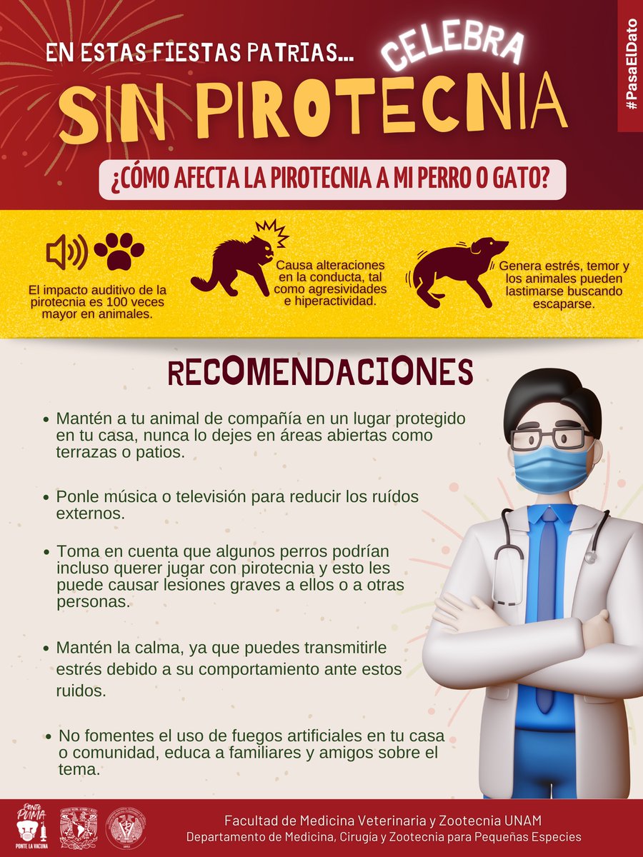 FMVZUNAM's tweet photo. ¡En estas fiestas patrias, celebra sin pirotecnia! 🐾 ¡Recuerda que nuestros animales de compañía son más susceptibles al impacto auditivo! 🐶🐱 https://t.co/64XPPcJlps