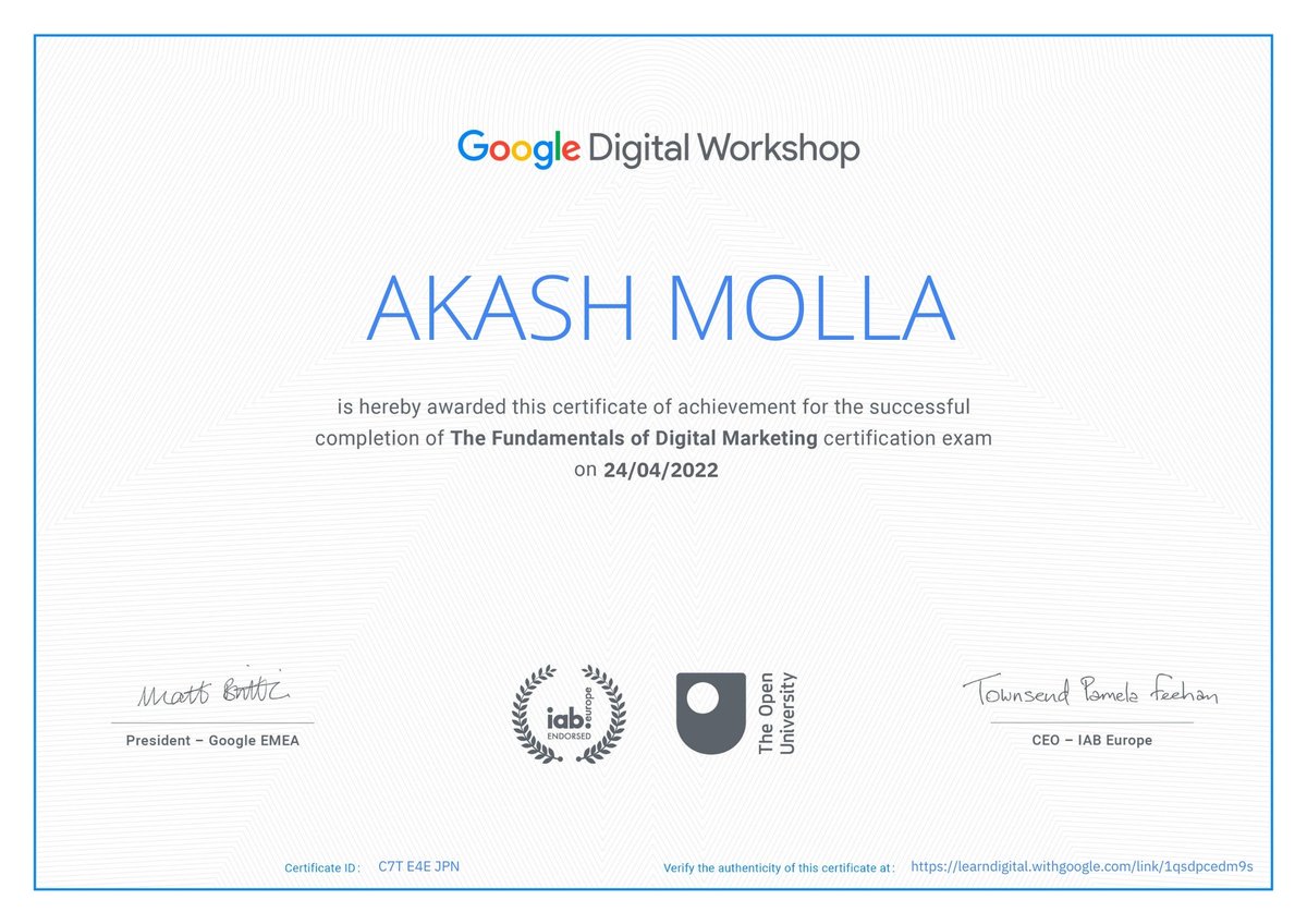 iakashbd's tweet photo. Alhamdulillah😍
New Achievement💛
#googledigitalgarage #digitalmarketing #seo #digitalmarketer #digitalmarketingagency #marketingdigital #certificate #iakashbd #akashmolla https://t.co/PDwHcJoAFN